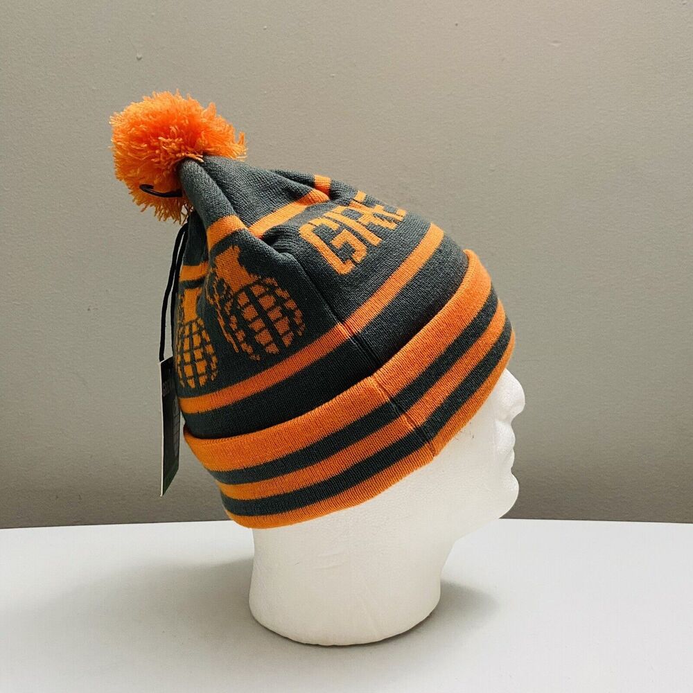 Grenade Letterhead Striped Winter Pom Knit Beanie Cap Hat Orange/Gray One Size - Picture 5 of 8